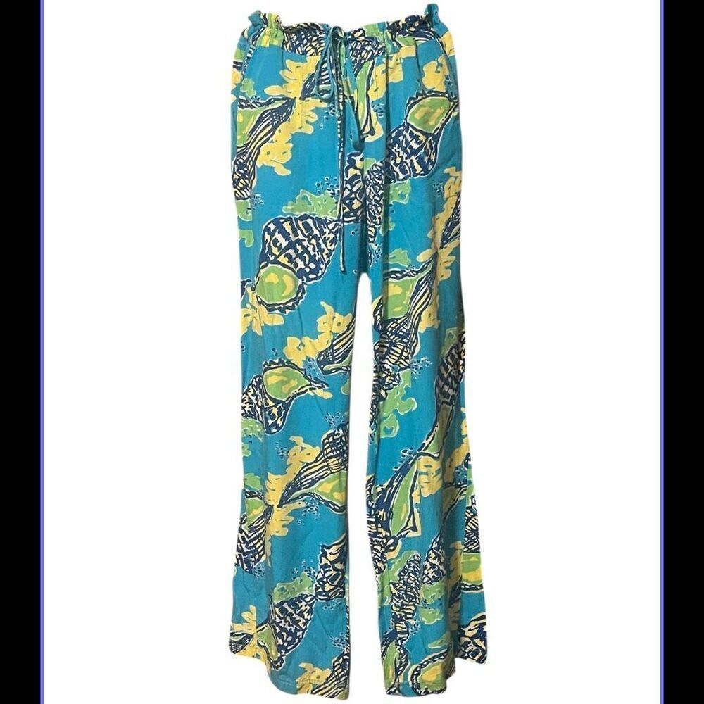 Lily Pulitzer Pippa Blue Shells Drawstring Palazzo 4 Pocket Rayon Pants Sz M